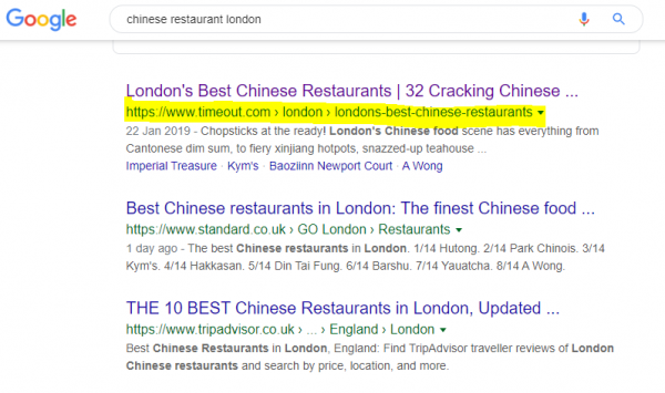 Chinese Restaurant London Google SERP
