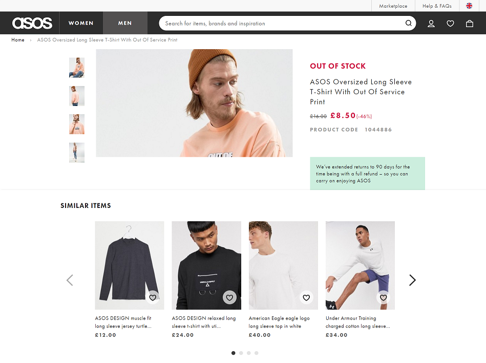 asos out of stock product seo