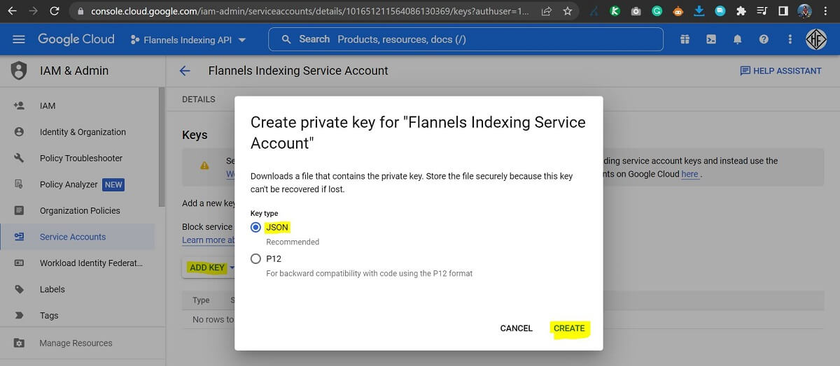 Add Key Service Accounts for Project Google Cloud Screen